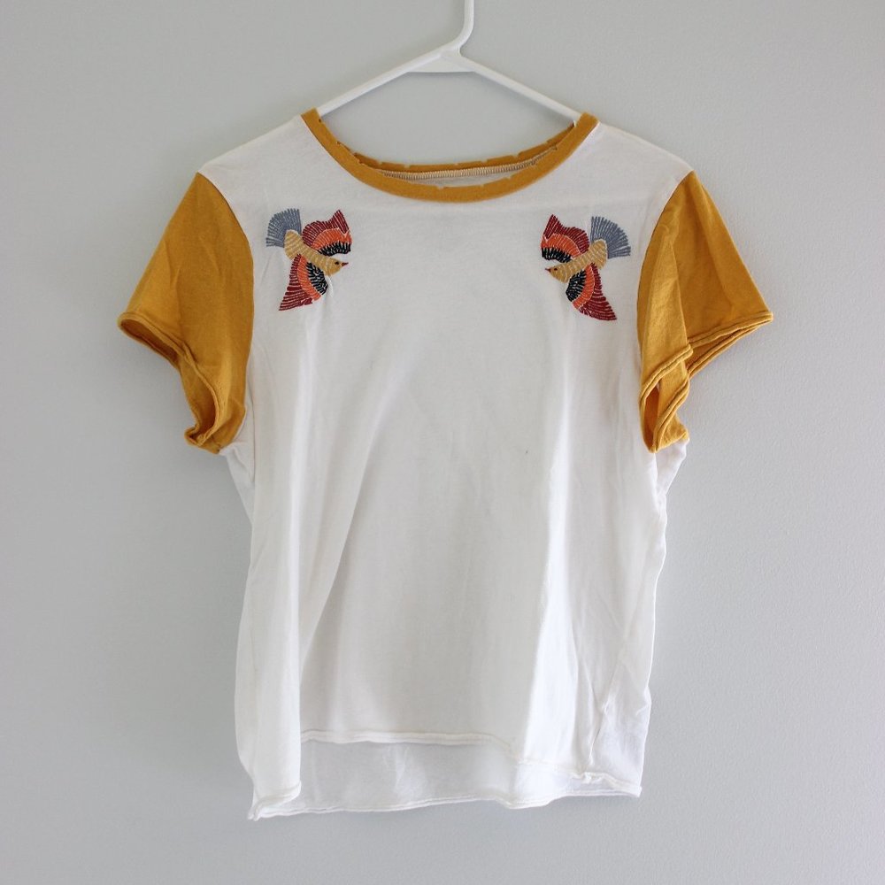 American Eagle Outfitters White Tee with Mustard Sleeves and Embroidered Birds